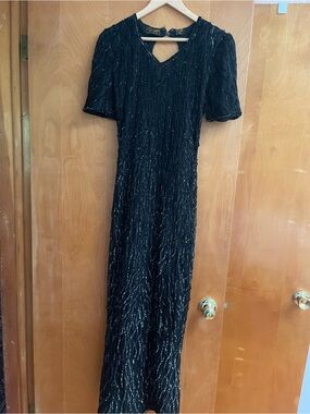 Vintage Silk Black Beaded Evening Dress Small